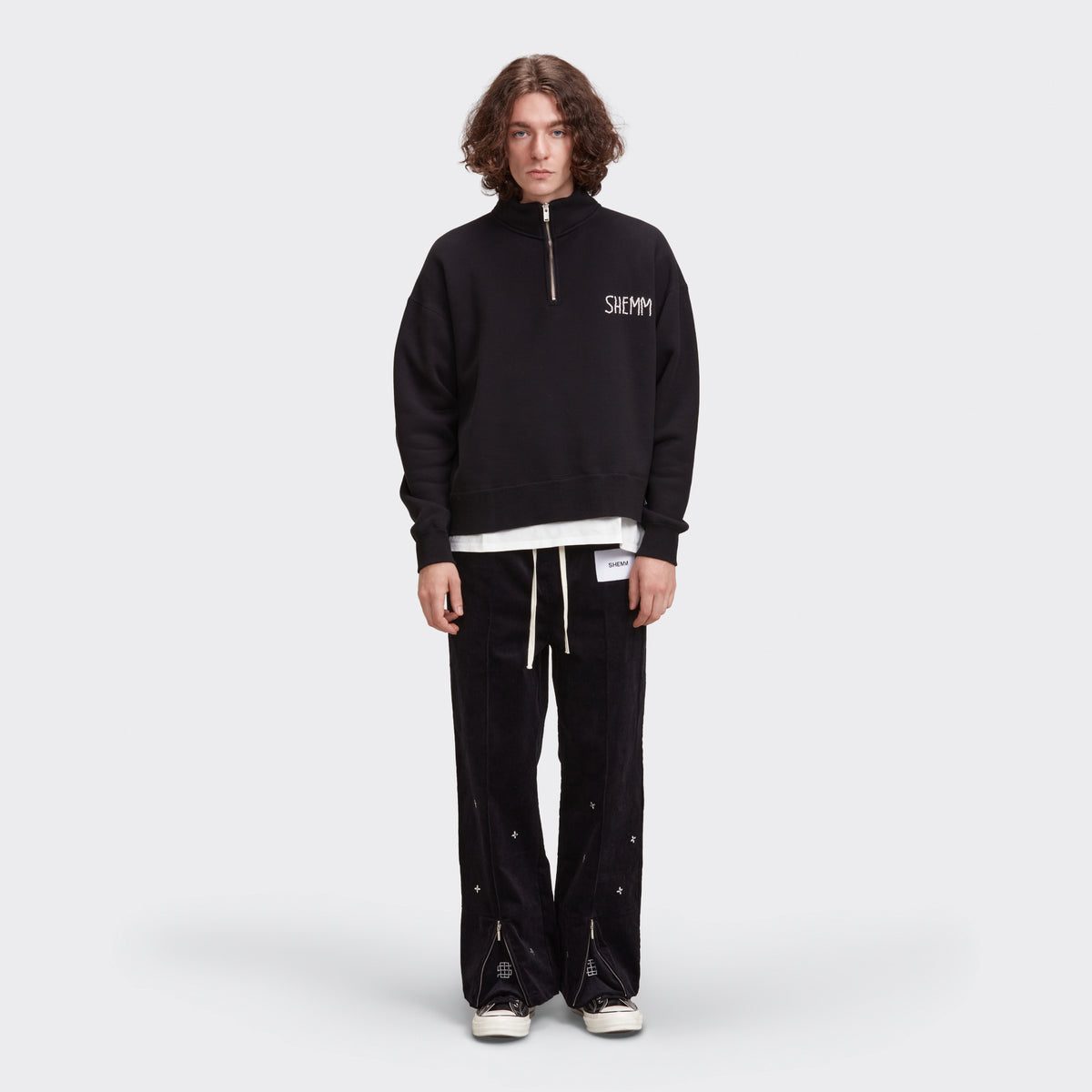 EMBELLISHED ZIP CORDUROY PANTS - BLACK
