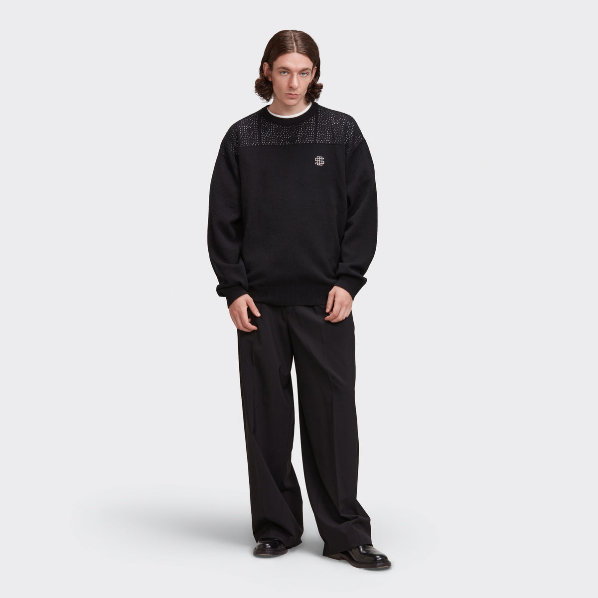 CROCHET KNIT SWEATER - BLACK